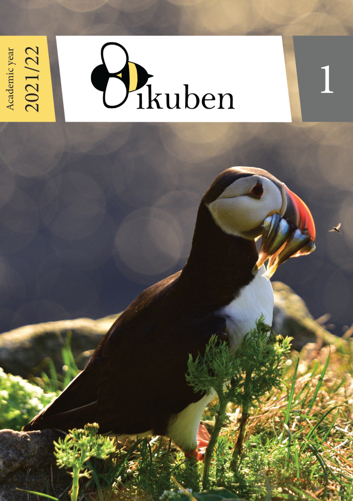 Screenshot of the cover of Bikuben Student Journal Volume 1 showing the logo of Bikuben and a photo by Marthe Olsen of an atlantic puffin holding fishes in its beak
