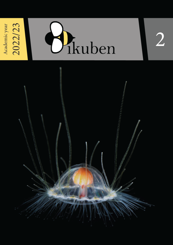 Cover of Bikuben Volume 2 showing the logo of bikuben and a photo by Joan J. Soto Angel of a potential new species of Ptychogastria collected on board OceanX cruise